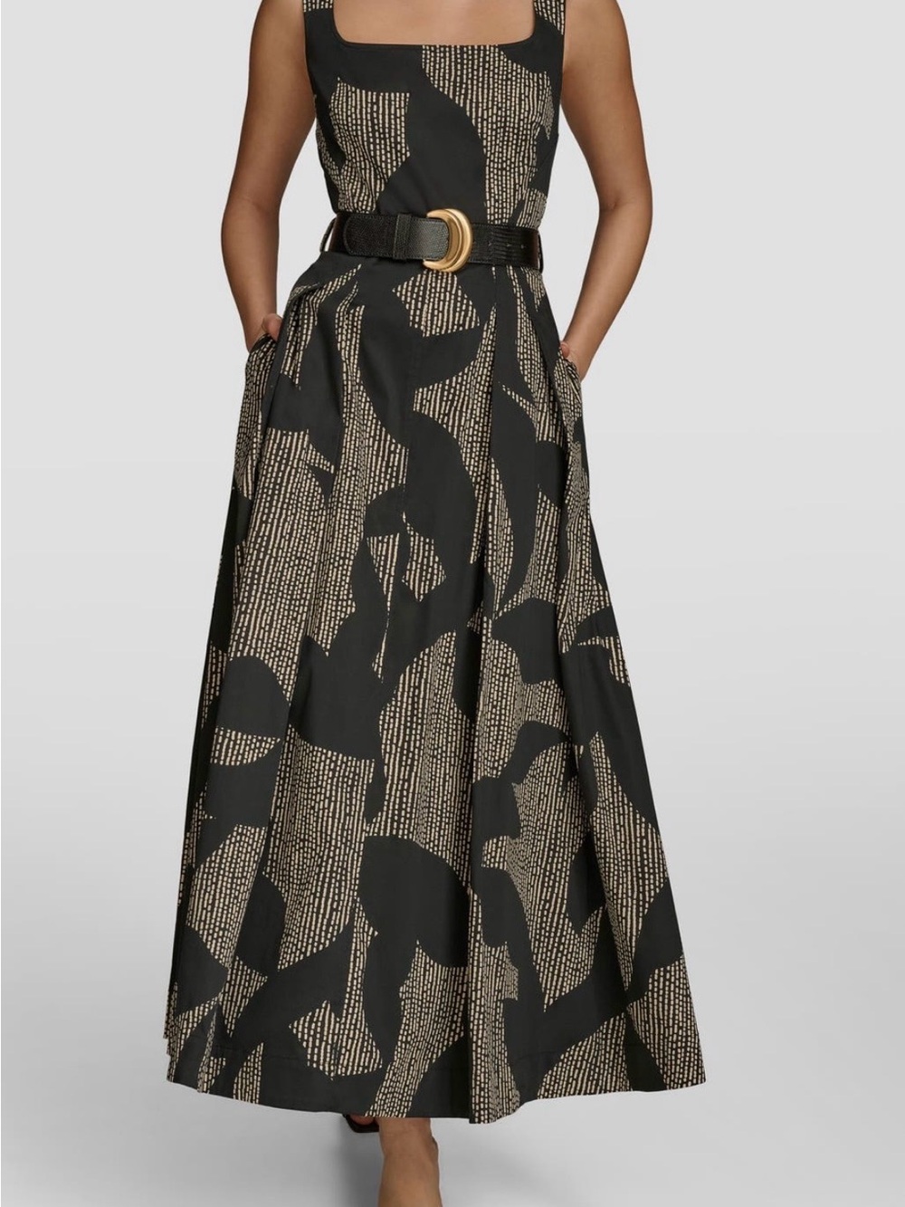 Donna Karan Black and Beige Printed Maxi Dress with Belt